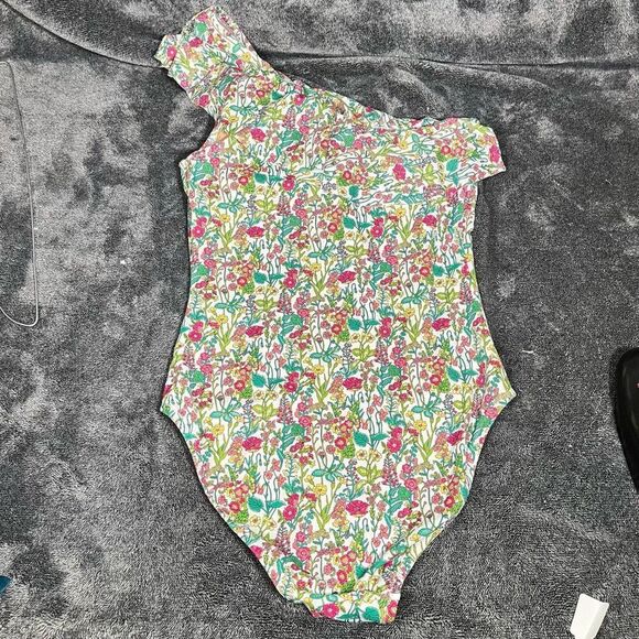 J Crew Liberty of London Ruffle One Shoulder One Piece Swimsuit Sz 8 - Picture 2 of 6